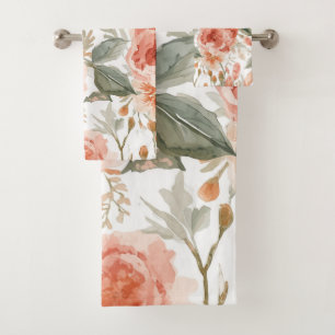 Orange Roses Watercolor Botanical Coral Floral Bath Towel Set