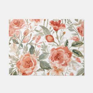 Orange Roses Watercolor Botanical Coral Floral Doormat
