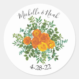 Orange Roses Wedding Floral Modern Classic Round Sticker