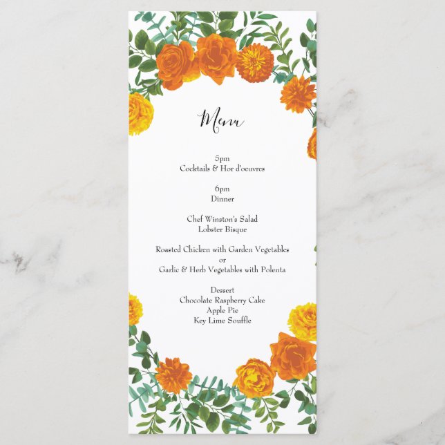 Orange Roses Wedding Floral Modern Menu (Front)