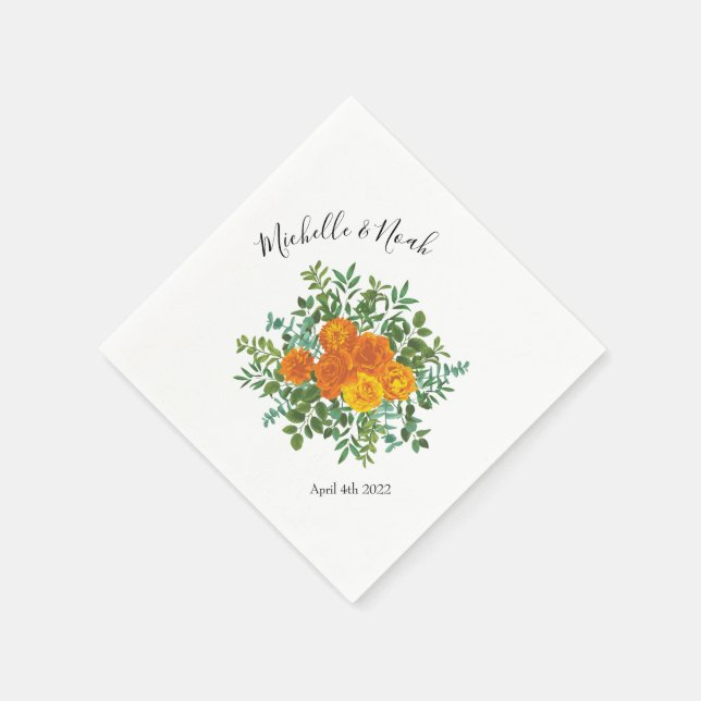 Orange Roses Wedding Floral Modern Napkin (Corner)