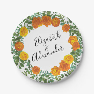 Orange Roses Wedding Floral Modern Paper Plate