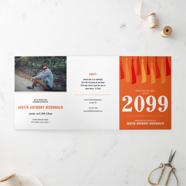 Orange Row of Tassels 3-Photo Graduation Tri-Fold Invitation (Outside)