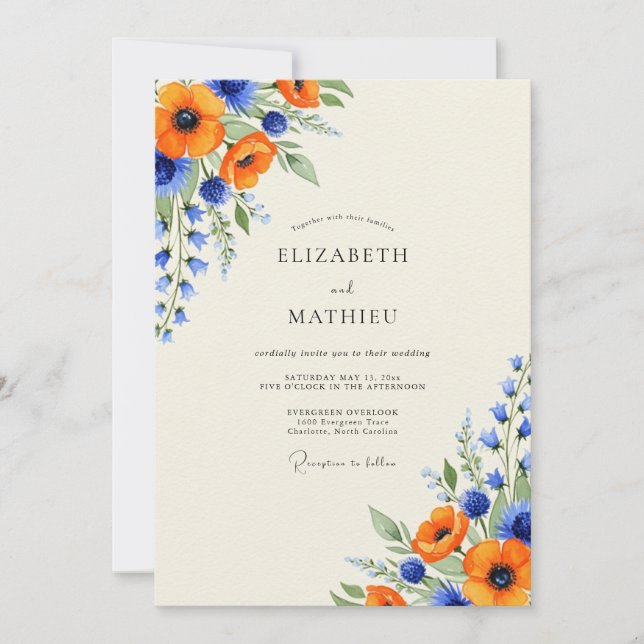 Orange Royal Blue Luminous Wildflower Wedding Invitation (Front)
