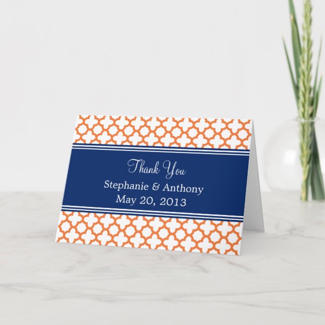 Orange, Royal Blue Quatrefoil  Wedding Thank You (Front)