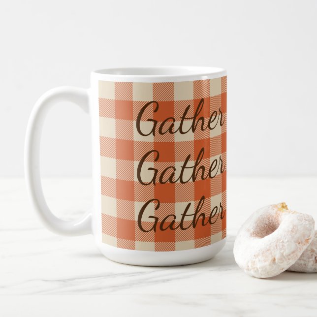 Orange Rust and Cream Buffalo Plaid Coffee Mug (With Donut)