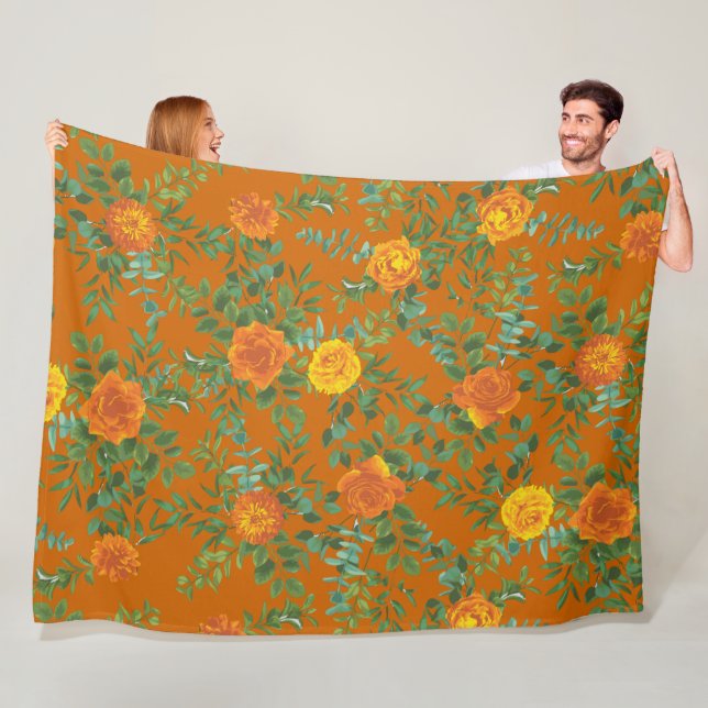 Orange & Rust Fall Peony & Rose Floral Wedding Fleece Blanket (In Situ)