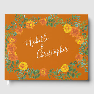 Orange & Rust Fall Peony & Rose Floral Wedding Guest Book