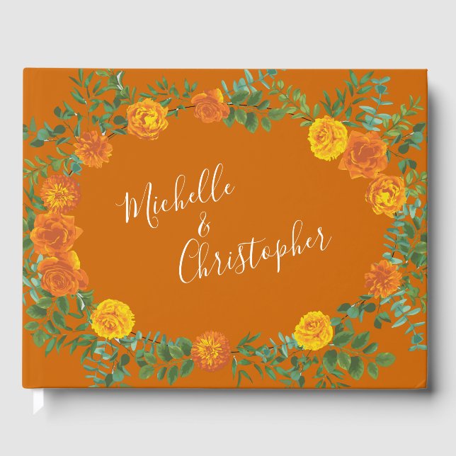 Orange & Rust Fall Peony & Rose Floral Wedding Guest Book (Front)