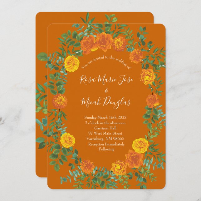 Orange Rust Fall Peony Rose Floral Wedding Invitation (Front/Back)