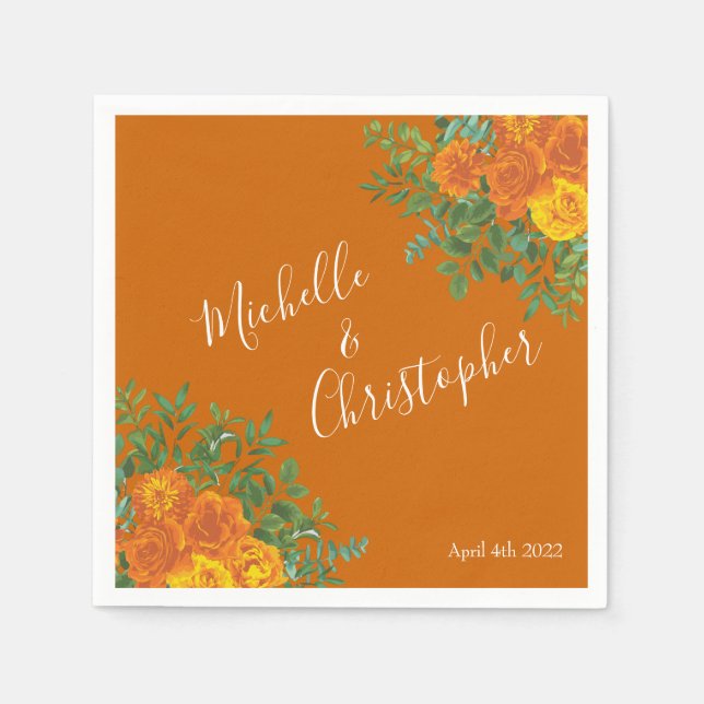 Orange & Rust Fall Peony & Rose Floral Wedding Napkin (Front)