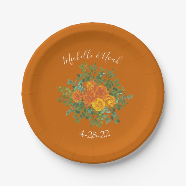 Orange & Rust Fall Peony & Rose Floral Wedding Paper Plate (Front)