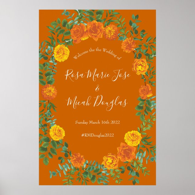 Orange & Rust Fall Peony & Rose Floral Wedding Poster (Front)