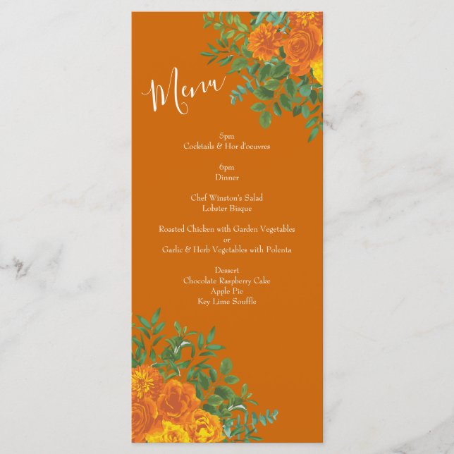 Orange & Rust Fall Peony & Rose Wedding Menu (Front)