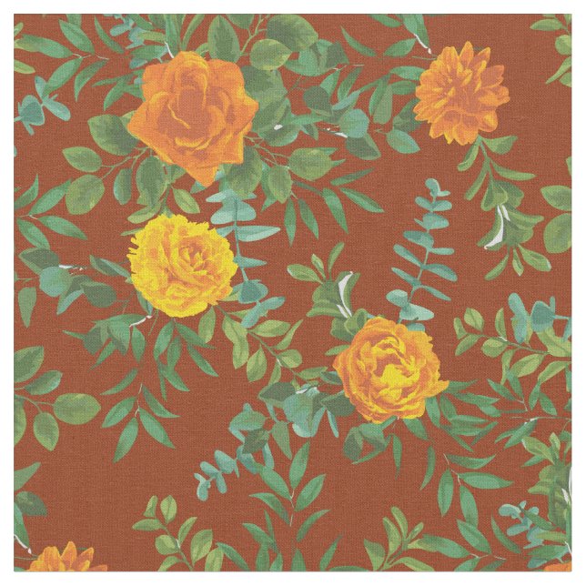Orange Rust Roses Floral Flowers Fabric (Close Up)