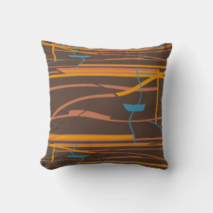 Orange Rust Turquoise Lines on Brown Abstract Art Cushion