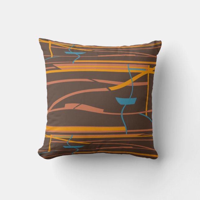 Orange Rust Turquoise Lines on Brown Abstract Art Cushion (Front)