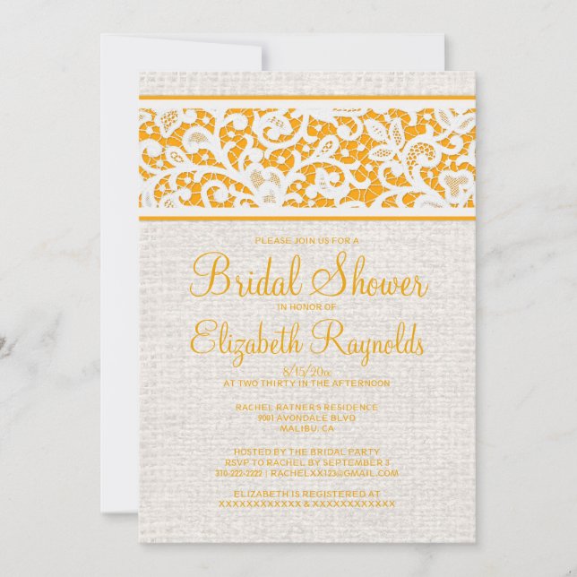 Orange Rustic Burlap Linen Bridal Shower Invites (Front)