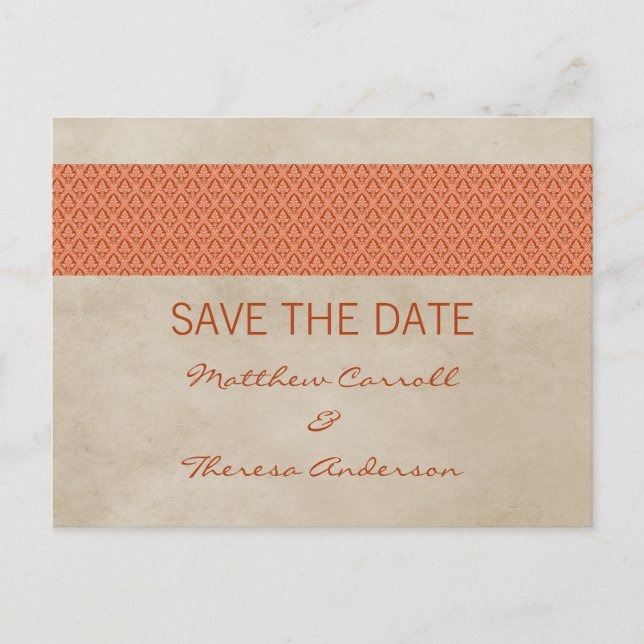 Orange Rustic Damask Save the Date Postcard (Front)
