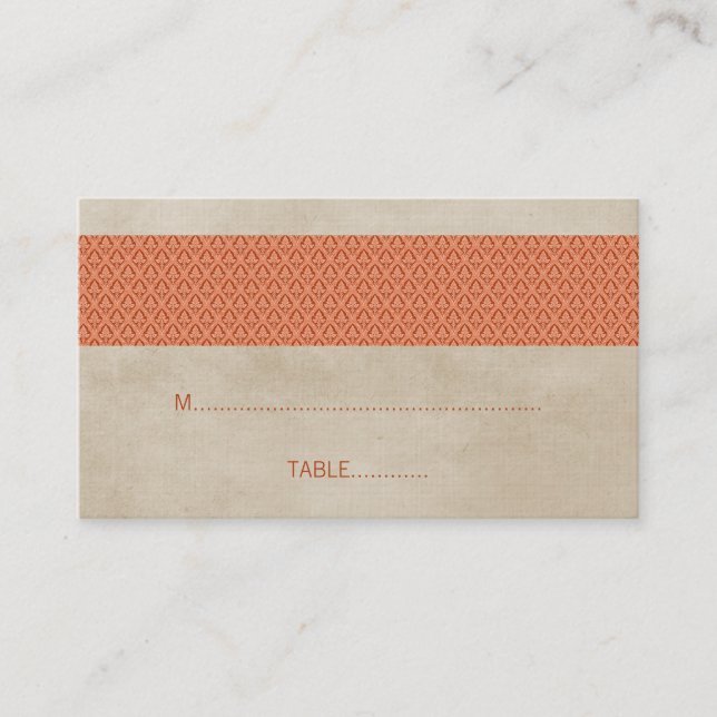 Orange Rustic Damask Wedding Place Card (Front)