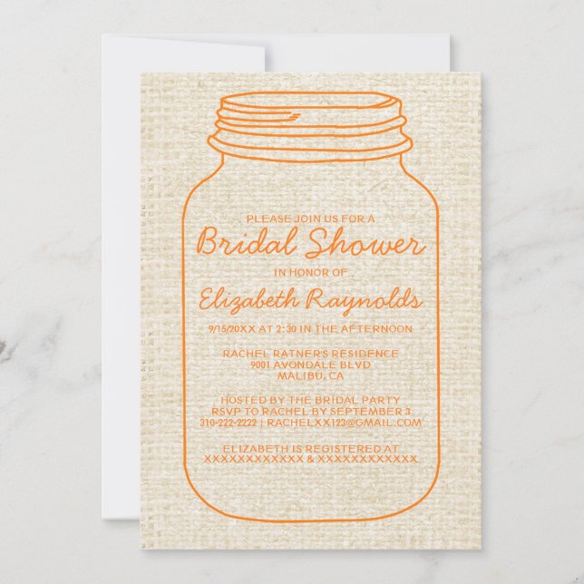 Orange Rustic Mason Jar Bridal Shower Invitations (Front)