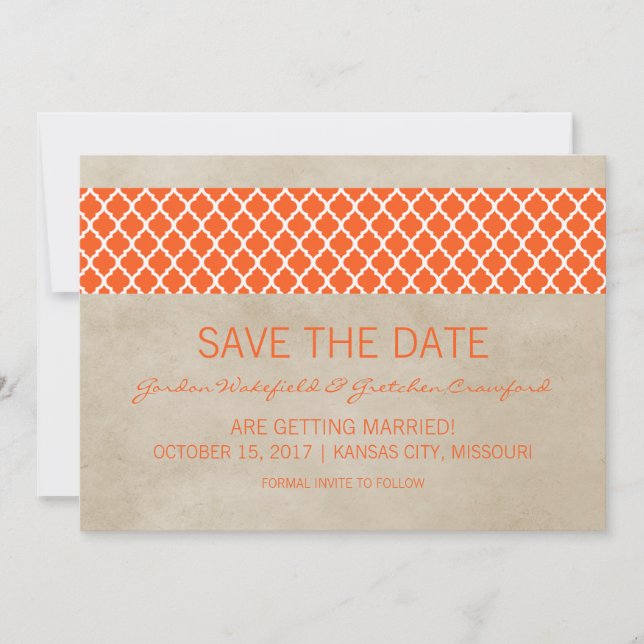 Orange Rustic Quatrefoil Save the Date Invite (Front)