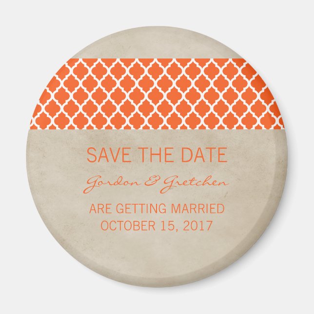 Orange Rustic Quatrefoil Save the Date Magnet (Front)