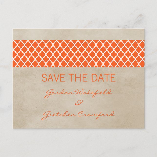 Orange Rustic Quatrefoil Save the Date Postcard (Front)