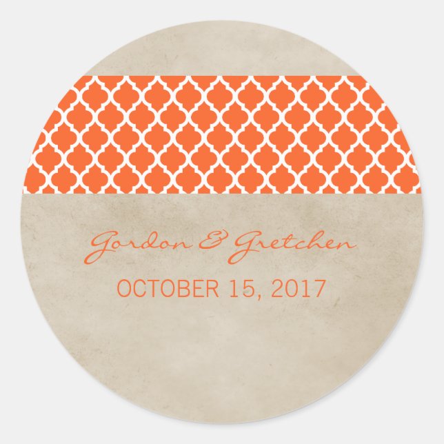 Orange Rustic Quatrefoil Wedding Stickers (Front)