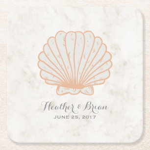 Orange Rustic Seashell Wedding Square Paper Coaster
