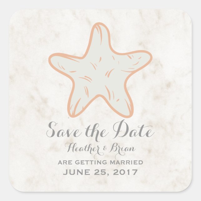 Orange Rustic Starfish Save the Date Square Sticker (Front)