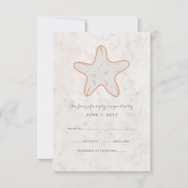 Orange Rustic Starfish Wedding RSVP Card (Front)
