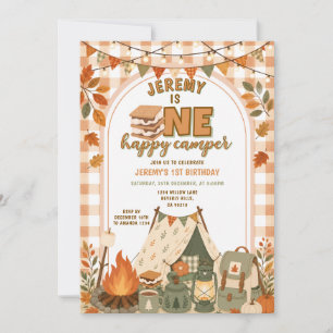 Orange S’mores Camping Boy Camper Party Gingham Invitation