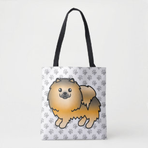 Orange Sable Pomeranian Cute Cartoon Dog & Paws Tote Bag