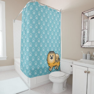 Orange Sable Pomeranian On Blue And Dog Paws Shower Curtain