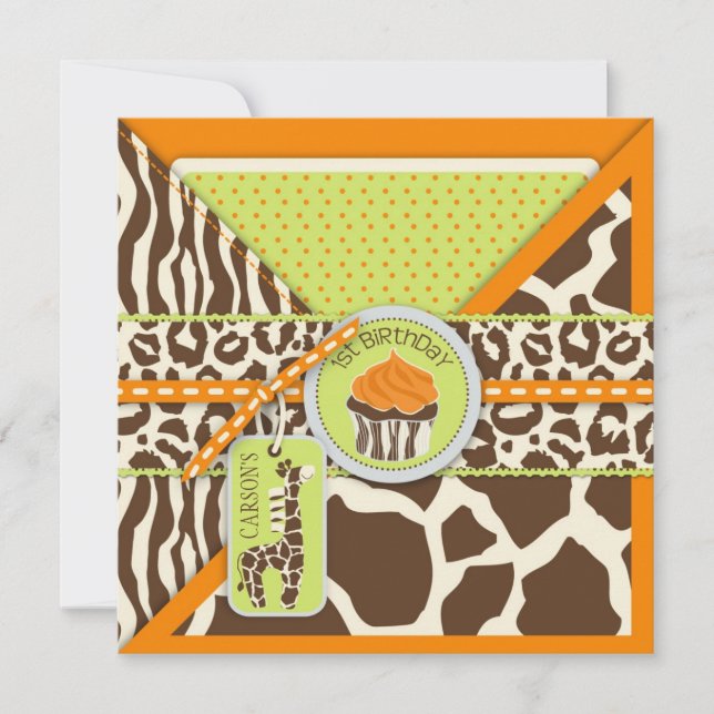 Orange Safari Giraffe & Cupcake First Birthday Invitation (Front)