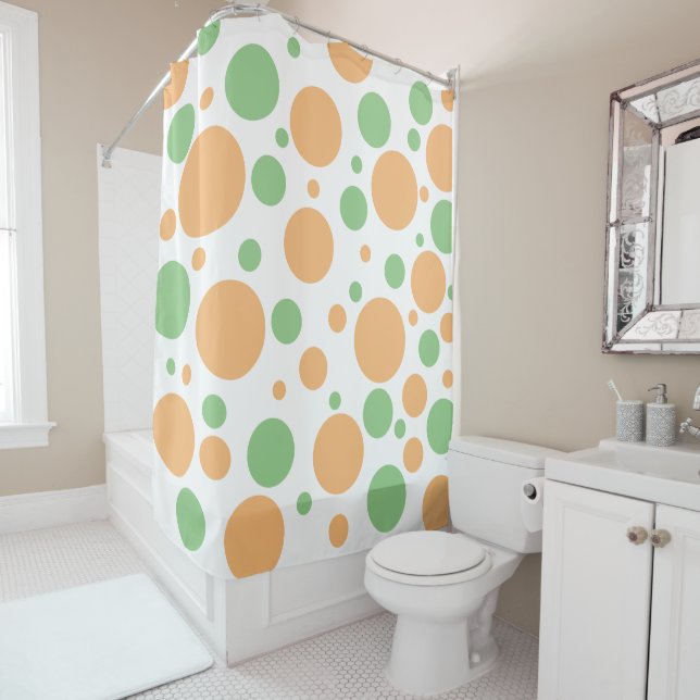 Orange Sage Green Geometric Circles Shower Curtain (In Situ)