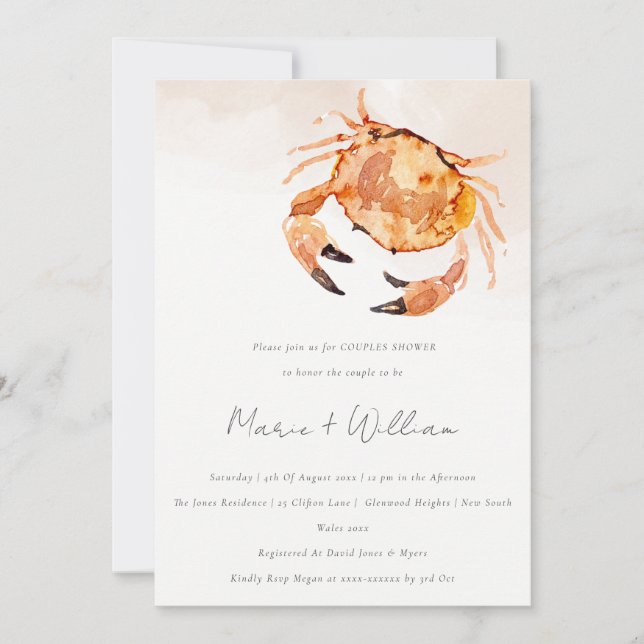 Orange Sand Coastal Crab Nautical Couples Shower Invitation (Front)