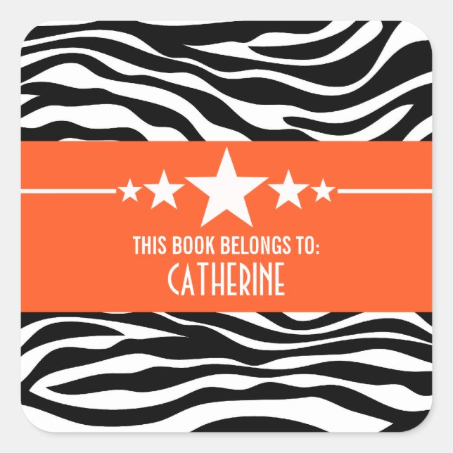 Orange Sassy Star Zebra Bookplate Stickers (Front)
