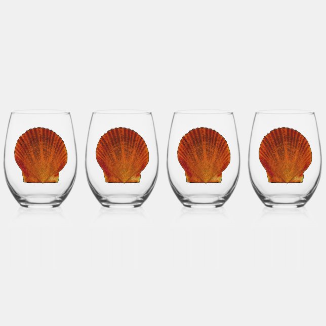Orange Scallop Shell Seashell Stemless Wine Glass (Front)