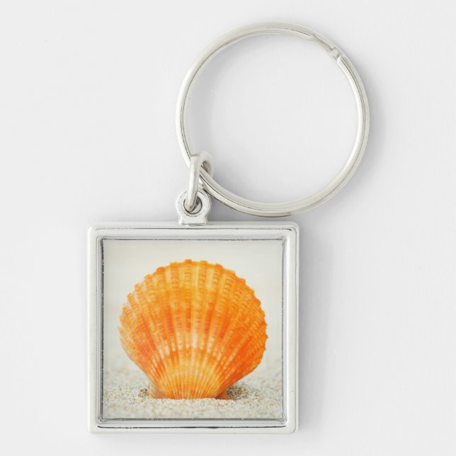 Orange Scallop Shell Standing Upright In Sand Key Ring (Front)