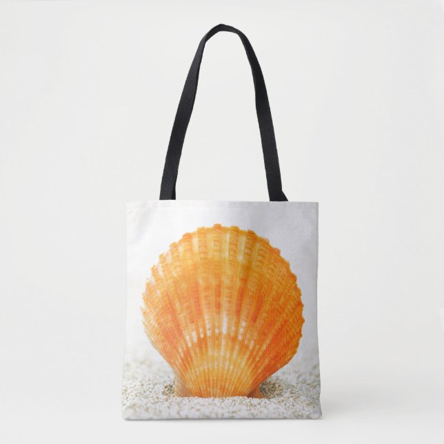 Orange Scallop Shell Standing Upright In Sand Tote Bag (Front)
