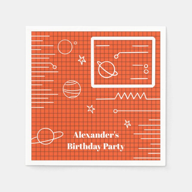 Orange Screen Spaceship Space Theme Birthday Napkin (Front)