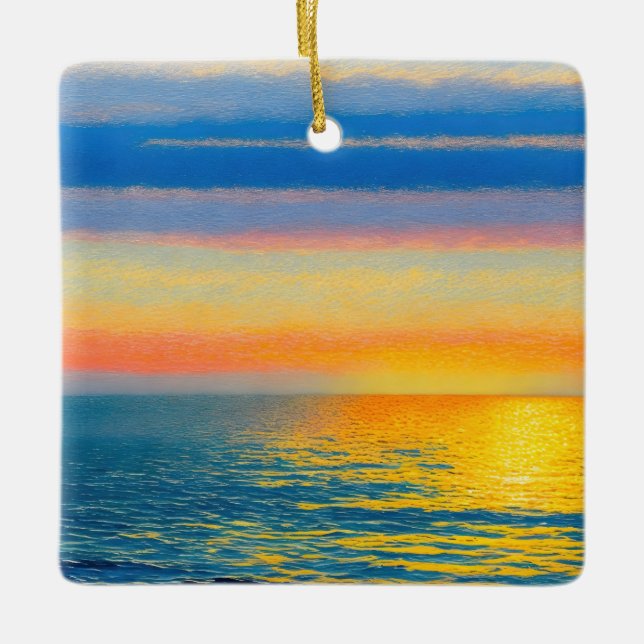 Orange Sea Sunset Ceramic Ornament (Front)