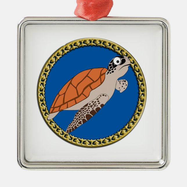 Orange sea turtle swimming with a gold frame metal ornament (Front)