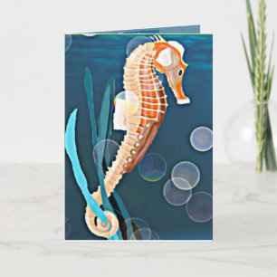 Orange Seahorse against the sea with bubbles Card