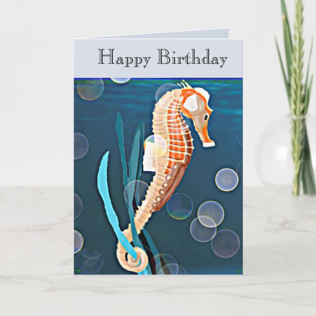 Orange Seahorse against the sea with bubbles Card (Front)