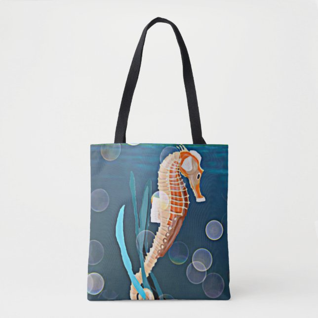 Orange Seahorse against the sea with bubbles Tote Bag (Front)