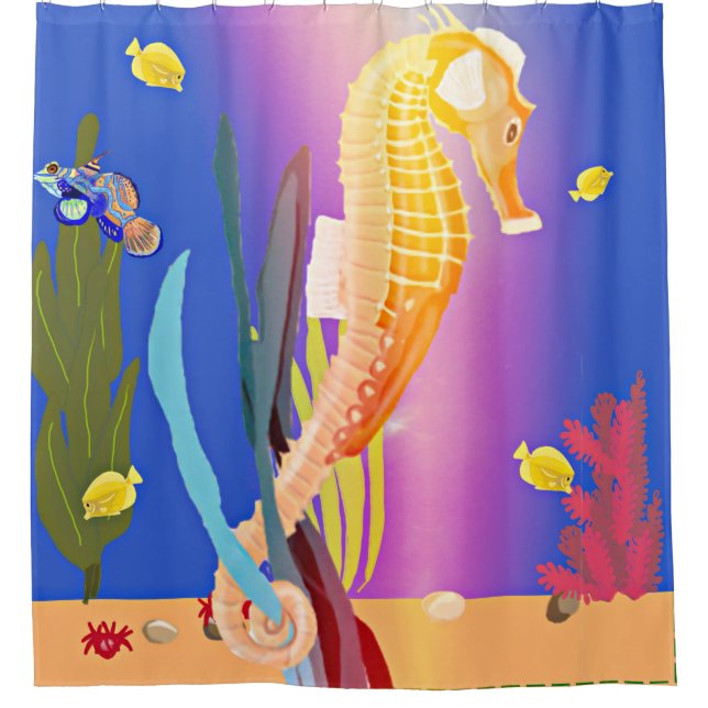 Orange Seahorse tethered on Sea Weed Shower Curtain (Front)