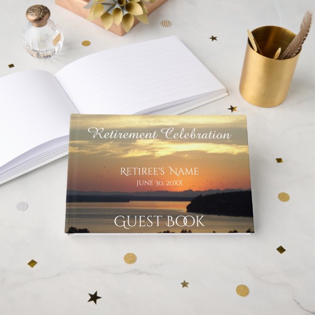 Orange Seascape Sunset Retirement Guest Book (Front Open)